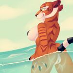 1girl 2014 anthro black_nipples breast claws dreamworks feline female_only furry high_res kung_fu_panda mammal master_tigress nipple nude partially_submerged partially_underwater_shot popesslodovica pussy sea sideboob skinny_dipping smile tigress uncensored underwater water