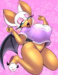  1girl animal_ears anthro arms_up bat bat_wings blue_eyes breasts furry large_breasts lips mascara nails navel omegasunburst open_mouth painted_nails rouge_the_bat sega shirt slippers sonic_(series) thick_thighs thighs thong wide_hips wings 