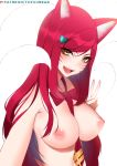  1girl academy_ahri ahri alternate_hair_color animal_ear_fluff animal_ears between_breasts big_breasts blush breasts facial_mark fox_girl fox_tail hair_ornament hairclip heart heart_hair_ornament kitsunemimi league_of_legends long_hair looking_at_viewer multiple_tails neck_tie necktie_between_breasts nipples open_mouth red_hair simple_background tail tofuubear v whisker_markings white_background 