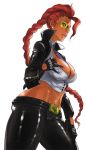 1girl areola areolae ass braid breasts capcom cleavage crimson_viper dark_skin erect_nipples gloves hair hips huge_breasts leather lipstick long_hair midriff namboku nanboku naughty_face pompadour pussy red_hair shirt_pull solo street_fighter street_fighter_iv sunglasses wide_hips 