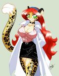  big_breasts breasts chalo chalodillo feline female furry green_eyes labcoat leopard piercing red_hair solo 