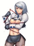 1girl ace_attorney breasts capcom franziska_von_karma fumio_(rsqkr) gloves humio karuma_mei nipples no_bra pantyhose short_hair silver_hair simple_background solo sweatdrop torn_clothes torn_pantyhose whip white_background
