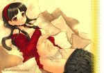  1girl amagi_yukiko atlus black_hair breast_hold breasts brown_eyes covering covering_breasts cum hairband long_hair lying morino_papiko on_back open_clothes open_shirt panties papimo persona persona_4 shirt skirt skirt_pull solo underwear white_panties 