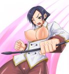  1girl big_breasts blue_eyes blue_hair breasts elisabeth_blanctorche elizabeth_blanchtorche king_of_fighters mature nipples no_bra one_eye_closed riding_crop short_hair shunzou snk solo the_king_of_fighters whip wink 