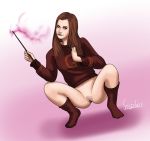  1girl bottomless female female_only ginny_weasley harry_potter no_panties partially_clothed pussy sassafras socks solo wand 