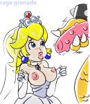 1boy 1girl blonde_hair blue_eyes bowser breasts bridal_veil dress erection exposed_breasts gloves imminent_fellatio imminent_oral long_gloves male/female penis princess_peach rage_grenade super_mario_bros. super_mario_odyssey wedding_dress white_background white_gloves