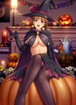  areolae breasts brown_eyes brown_hair cleavage dragon@harry erect_nipples halloween hat highres jack-o&#039;-lantern large_breasts nipples pantyhose puffy_nipples pumpkin see-through sitting solo wand witch witch_hat 