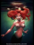  1girl blue_eyes breasts disney female female_only japes mermaid nude princess_ariel red_hair solo the_little_mermaid underwater 