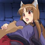  1girl animal_ears blush breast_grab breasts cl-55 erect_nipples fang grabbing holo horo lowres solo_focus spice_and_wolf sweat tongue you_gonna_get_raped 