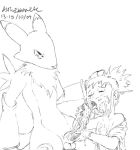 1_girl 1boy 2004 anthro anthro_canine anthro_fox asthexiancal canine cum_in_mouth cum_on_face david_siegl detached_sleeves digimon erection female female_human female_human/male_anthro female_renamon fox fur furry hand_on_head handjob human human/anthro male male/female male_anthro male_anthro_fox male_renamon monochrome mostly_nude penis renamon rika_nonaka teen toei_animation white_fur young