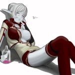  1girl artist_request blue_skin breasts dark_elf dark_elf_(lineage_2) duplicate elf lineage lineage_2 pointy_ears pussy_juice pussy_juice_puddle solo thighhighs 
