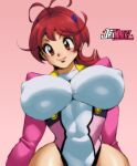 1girl 1girl anna_aoi aoi_anna big_breasts big_breasts blush breasts clothed_female eye_contact female_focus female_only jay-marvel looking_at_viewer red_eyes red_hair shinkon_gattai_godannar!! smile solo_female solo_focus standing tight_clothing upper_body wide_hips 