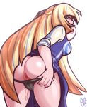  1girl anus ass blonde_hair clothed dress dress_lift female female_human human long_hair looking_at_viewer lusamine panties panties_pull pokemon pulling_panties_down solo standing white_background 