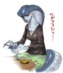  1girl blue_skin butter claws dress final_fantasy final_fantasy_xi fingernails lamia long_claws lowres monster_girl red_eyes scales simple_background solo tea text translated 