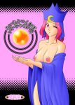 1girl bottomless breasts crescent_moon high_priestess magical_drop nipples nude pink_eyes pink_hair solo wink