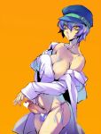  1girl atlus blue_hair breast_hold breasts cabbie_hat censored covering covering_breasts full-package_futanari futanari hat heart heart_censor large_breasts off_shoulder panties penis persona persona_4 pubic_hair shadow_(persona) shirogane_naoto shirt short_hair side-tie_panties solo testicles underwear undressing yamada_3 yellow_eyes 