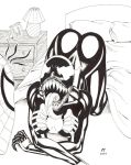  1boy 1girl 2007 all_fours ann_weying bed bedroom breasts chris_foulkes female indoors long_tongue male male/female marvel marvel_comics monochrome nipples on_all_fours open_mouth peter_parker she-venom spider-man spider-man_(series) tongue_out 