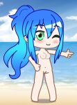  1girl beach beachball-chan blue_hair boots cute gacha gacha_club gacha_life green_eyes ocean pussy 