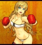 1girl armpits bandeau bare_shoulders blonde_hair boxing_gloves breasts cleavage female_only green_eyes long_hair mustard_seeds navel open_mouth original panties solo solo_female tubetop underwear white_panties yuuji_(and)