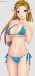 1girl alluring artist_self-insert bikini blonde_hair blue_eyes breasts female_focus female_only front hair_bow hands_on_own_chest hylian hylian_ears long_hair looking_at_viewer medium_breasts nidavellirstudios nintendo pale-skinned_female princess princess_zelda simple_background solo_female the_legend_of_zelda thighs upper_body zelda_(breath_of_the_wild)