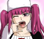  1girl bleach blush bust dokugamine_riruka eyelashes finger_in_mouth fish_hook fullbringer green_nails hanya_(hanya_yashiki) hanyapunifu hat long_hair looking_at_viewer mouth_pull nail_polish one_eye_closed open_mouth pinky_out purple_eyes purple_hair sexually_suggestive solo tongue twin_tails twintails upper_body uvula wink 