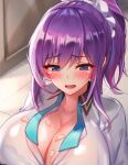 big_breasts blue_eyes blush breasts cleavage cum_on_body cum_on_breasts huge_breasts lucy_(project_qt) no_bra nutaku ponytail project_qt purple_hair