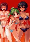  3girls askray bikini blush bosshi bulge cover futabu futanari highres multiple_girls sling_bikini swimsuit tan 