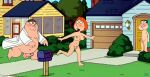 1girl 2boys big_breasts dialogue family_guy glenn_quagmire lois_griffin nude_female nude_male outdoor_nudity penis peter_griffin puffy_pussy uso_(artist)