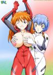  2_girls 2girls a10_nerve_clips asuka_langley_souryuu big_breasts blue_eyes blue_hair breasts exposed_breasts female female_only looking_at_viewer neon_genesis_evangelion palcomix plugsuit red_eyes red_hair redhead rei_ayanami 
