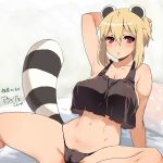  1girl :&lt; animal_ears araiguma-san arm_support arm_up armpits bangs bare_shoulders bed big_breasts blonde_hair blush borrowed_character breasts cameltoe cleavage collarbone crop_top crop_top_overhang g-string hair_between_eyes hand_on_head hand_on_own_head highres large_breasts looking_at_viewer ms._raccoon_(tsukudani) navel on_bed original panties pillow pubic_hair pubic_hair_peek raccoon_ears raccoon_tail red_eyes short_hair sitting solo spread_legs tail thick_thighs thighs thong underwear yajiro_masaru 