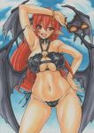  1girl arm_up bare_shoulders big_breasts bikini breasts cleavage curvy female glasses glasses_removed hand_on_hip head_wings hips koakuma large_breasts large_wings long_hair marker_(medium) navel open_mouth pointy_ears red_eyes red_hair side-tie_bikini skindentation sky smile solo swimsuit thick_thighs thighs touhou traditional_media uneven_eyes very_long_hair wide_hips wings yutakasan-love 