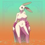  1:1 1girl aikaanarchy anthro areolae beastars big_breasts black_eyes breasts clothing dwarf_rabbit female frown furry genitals gradient_background haru_(beastars) high_res lagomorph leporid looking_at_viewer mammal navel nipples nude partially_submerged pinup portrait pose pussy rabbit simple_background standing three-quarter_portrait undressing 