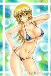 1girl :o alexis_rhodes armpits asuka_tenjouin big_breasts bikini blonde_hair blue_bikini blush breasts cleavage collarbone contrapposto female female_only hair_between_eyes hand_on_hip hand_on_neck human long_hair midriff navel open_mouth simple_background sketch solo_female standing swimsuit tagme takecha tenjouin_asuka text traditional_media underboob watermark yellow_eyes yu-gi-oh! yu-gi-oh!_gx yuu-gi-ou yuu-gi-ou_gx 