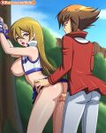  1boy 1girl against_tree alexis_rhodes alexis_rhodes_(arc-v) arched_back background big_breasts blonde_hair brown_eyes brown_hair clothed_sex clothing doggy_position from_behind_position gloves jaden_yuki judai_yuuki looking_back male/female no_panties open_mouth open_shirt patreon penetration penis pussy reit sex skirt skirt_around_belly skirt_lift vaginal yu-gi-oh! yu-gi-oh!_gx yuu-gi-ou yuu-gi-ou_duel_monsters yuu-gi-ou_gx yuuki_juudai 
