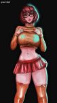  1girl bespectacled big_breasts black_background brown_hair clothed female female_human female_only glasses human human_only looking_at_viewer miniskirt scooby-doo short_brown_hair short_hair skirt standing stockings thighs velma_dinkley 