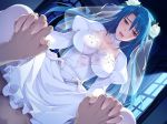  1boy 1girl big_breasts blue_hair blush breasts bridal_veil bride cleavage clothed_sex cowgirl_position dress game_cg girl_on_top hand_holding happy_sex hetero interlocked_fingers ishigaki_takashi large_breasts legwear long_hair night open_mouth saliva sex sitting sitting_on_person stockings straddling thighhighs vaginal veil wedding_dress window yellow_eyes 