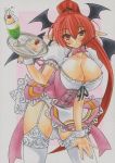  1girl alternate_costume alternate_hairstyle bat_wings big_breasts breasts cleavage curvy enmaided female garter_straps head_wings koakuma large_breasts leaning_forward long_hair maid marker_(medium) pink_background red_hair simple_background smile solo stockings thighhighs touhou traditional_media uneven_eyes very_long_hair white_border white_legwear wings wrist_cuffs yutakasan-love 