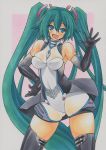  1girl aqua_eyes aqua_hair breasts elbow_gloves gloves hair_ornament hand_on_hip hatsune_miku leotard miku_hatsune open_mouth pink_background race_queen simple_background smile solo stockings thighhighs twin_tails twintails vocaloid white_border yutakasan-love 