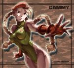  blonde_hair blue_eyes braid breasts cammy_white capcom erect_nipples female fingerless_gloves gloves hat highleg highleg_leotard leotard long_hair outstretched_arm outstretched_hand reaching scar solo street_fighter street_fighter_ii ttchi twin_braids very_long_hair 