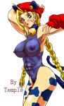  animal_ears bell bell_collar beret blonde_hair blue_eyes braid cammy_white capcom cat_ears cat_tail hat jingle_bell leotard muscle nipples see-through street_fighter streetfighter tail temple_(artist) twin_braids twin_tails 