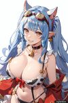  1girl ai_generated animal_ears animal_print bare_shoulders big_breasts bikini blue_hair breasts catura_(granblue_fantasy) cleavage cow_ears cow_girl cow_print female_only goggles goggles_on_head granblue_fantasy light_blue_hair looking_at_viewer neck_bell pointy_ears print_bikini red_coat swimsuit trynectar.ai twin_tails yellow_eyes 