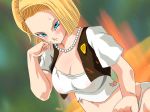  1girl android_18 big_breasts blonde_hair blue_eyes blush breasts cleavage dragon_ball dragon_ball_z hair hips jacket jewelry large_breasts necklace panties serious short_hair simple_background solo standing sweat sweatdrop torn_clothes underwear white_panties 