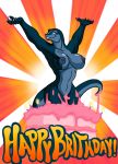 2012 big_breasts birthday_cake blue_eyes blue_skin bomba_(krillos) breasts cake_(food) candle claws female frosting lizard looking_at_viewer lordstevie messy navel nipples nude original pop_out_cake pose reptile scalie scar smile solo tattoo thighs voluptuous wide_hips