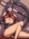  1girl arc_system_works bare_shoulders black_hair blazblue blazblue:_calamity_trigger breasts fumio_(rsqkr) glasses humio lao_jiu litchi_faye_ling long_hair panties polearm side_ponytail solo underboob underwear weapon 