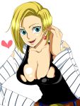  android_18 blonde_hair blue_eyes breasts chiroru_shimai cleavage dragon_ball dragon_ball_z earrings hair heart jewelry no_bra short_hair simple_background smile solo torn_clothes white_background 