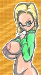 android_18 areola areolae basara blonde_hair blue_eyes bottomless breasts curvy dragon_ball dragon_ball_z earrings glasses hair hands_on_chest hips huge_breasts jewelry large_areola large_areolae looking_at_viewer milf navel nipples no_bra no_panties short_hair solo sweater thick turtleneck 