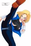  1girl android_18 big_breasts blonde_hair blue_eyes breasts dragon_ball dragon_ball_z earrings hair highres jacket jewelry kicking large_breasts leg_lift leg_up legs legs_up looking_away no_bra open_mouth panties pantyhose short_hair simple_background skirt skirt_lift solo standing thighs torn_clothes underwear white_background 