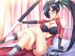  bare_shoulders big_breasts black_hair blazblue breasts cleavage glasses litchi_faye_ling mikan_(5555) purple_eyes side_ponytail sitting solo 