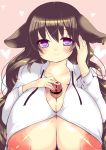  1girl animal_ears areolae breasts brown_hair censored cow_ears cow_girl gigantic_breasts heart huge_nipples inui_atsu large_areolae long_hair nipples no_bra open_clothes open_shirt original paizuri paizuri_under_clothes penis penis_under_clothes puffy_nipples purple_eyes shirt wavy_hair 