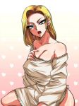  android_18 ass big_breasts blonde_hair blue_eyes blush bottomless breasts cleavage curvy dragon_ball dragon_ball_z fujihara_minoru hair heart highres kneel kneeling large_breasts legs lips milf no_bra no_panties open_mouth short_hair solo sweater thighs 